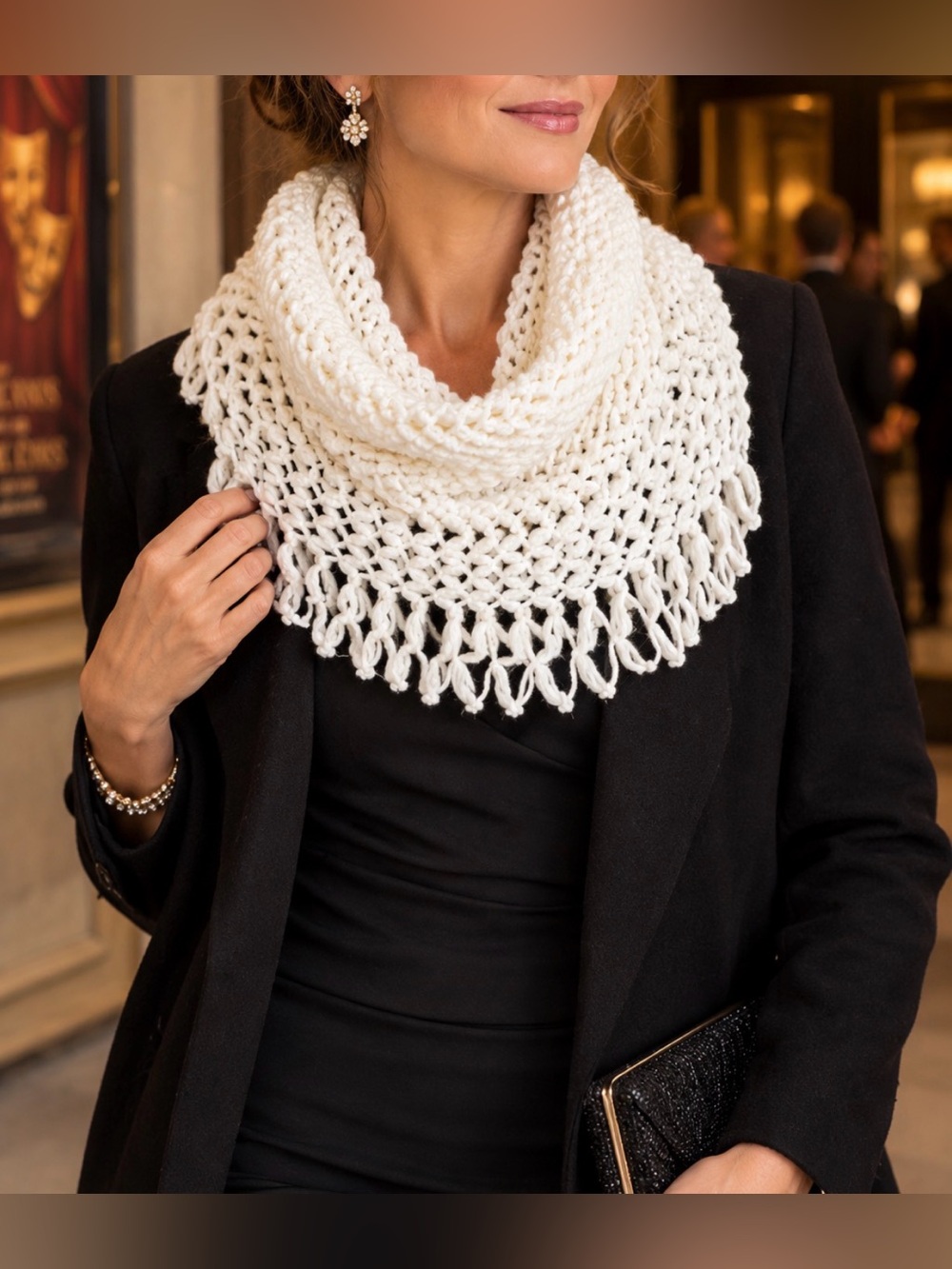 Ivory Crochet Infinity Scarf Fringe Boho Cowl Shawl